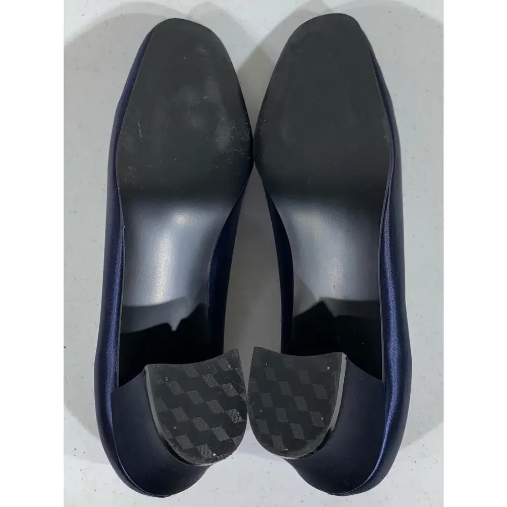 Coloriffics Silver‎ Slipper Vintage Navy Blue Satin Block Heels Womens Size 9.5